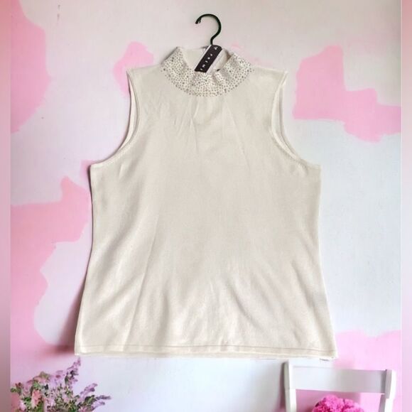 PREMISE SLEEVELESS SWEATER TOP BLOUSE RHINESTONE EMBELLISHED NECK LARGE CREAM - Picture 7 of 8